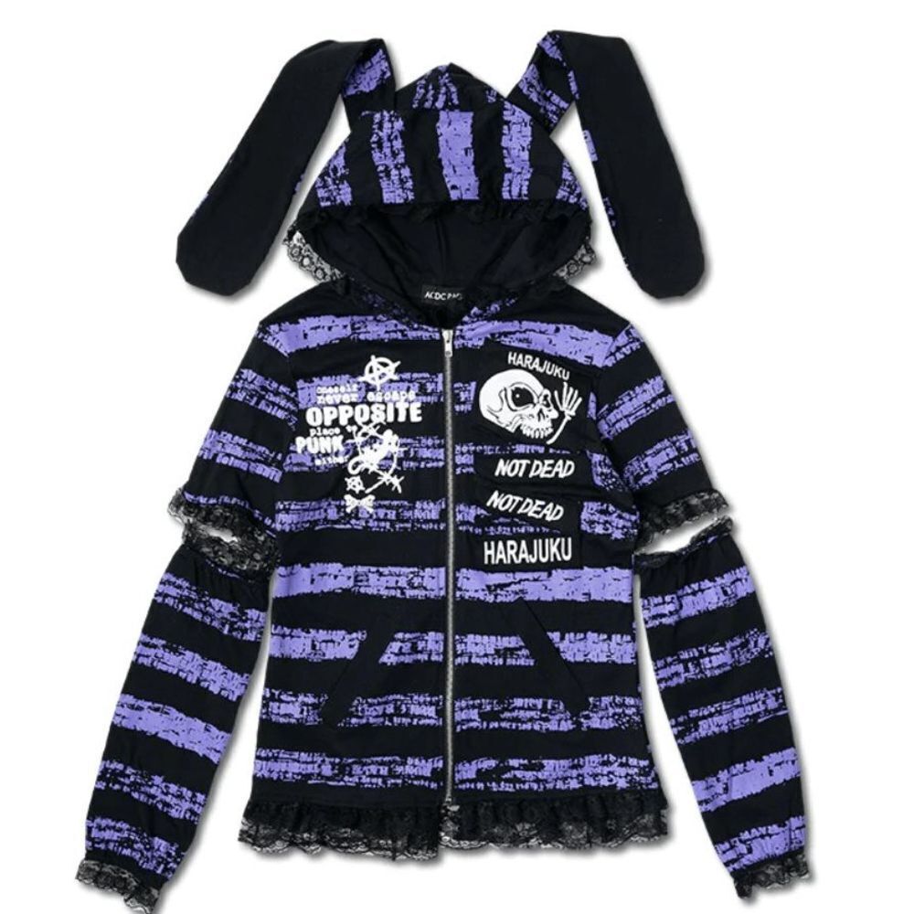 Punk Harajuku bunny ears black and purple hoodie